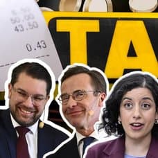Jimmie Åkesson, Ulf Kristersson, Simona Mohamsson, Ebba Busch och Magdalena Andersson längst fram. Ett kvitto, mynt, hundrasedlar och en taxiskylt i bakgrunden.