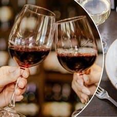 Bilder på restaurangmat och två som skålar i vin.