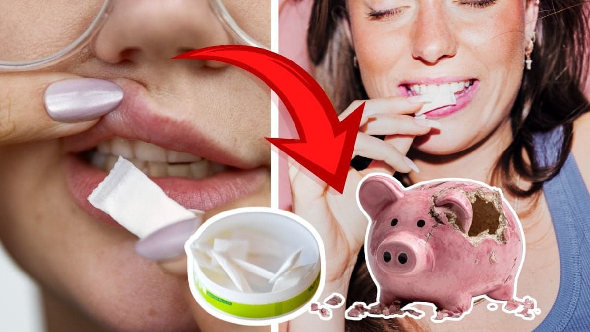 Kvinna sätter in prilla närbild vänster. Kvinna sätter in en prilla höger. En snusdosa utklippt i mitten. En söndrig spargris utklippt i mitten.