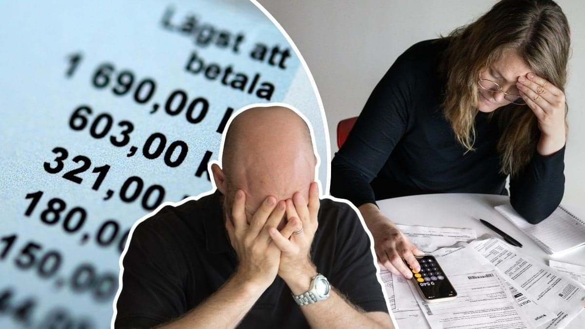 Faktura, kvinna med räkningar och en man med ansiktet i händerna.