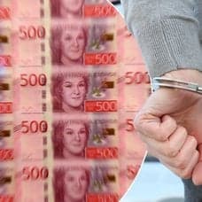 Bilder på en man i handklovar och nya sedlar.