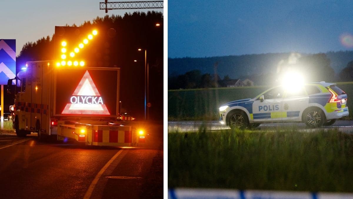 Bild på olycksskylt och polisbil 