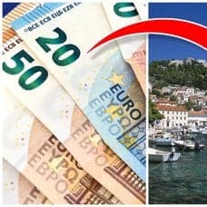 Euro-sedlar och staden Hvar i Kroatien