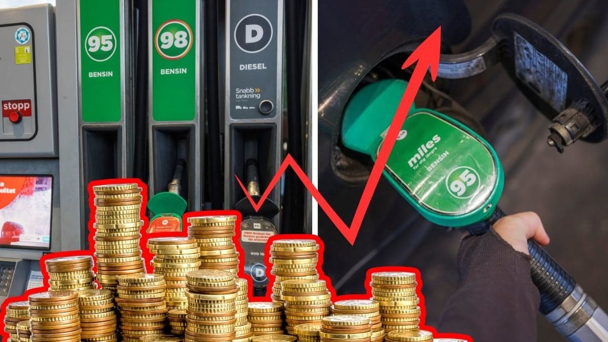 Tankstation vänster. Tankar en bil höger. Utklippt mynthög vänster. Graf som går upp i röd färg höger.