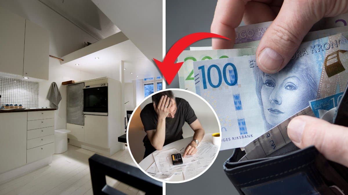 Lägenhet, en man som betalar räkningar och en plånbok.