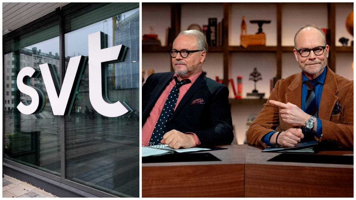 SVT:s logga på en glasfasad och Fredrik Lindström och Kristian Luuk i På Spåret
