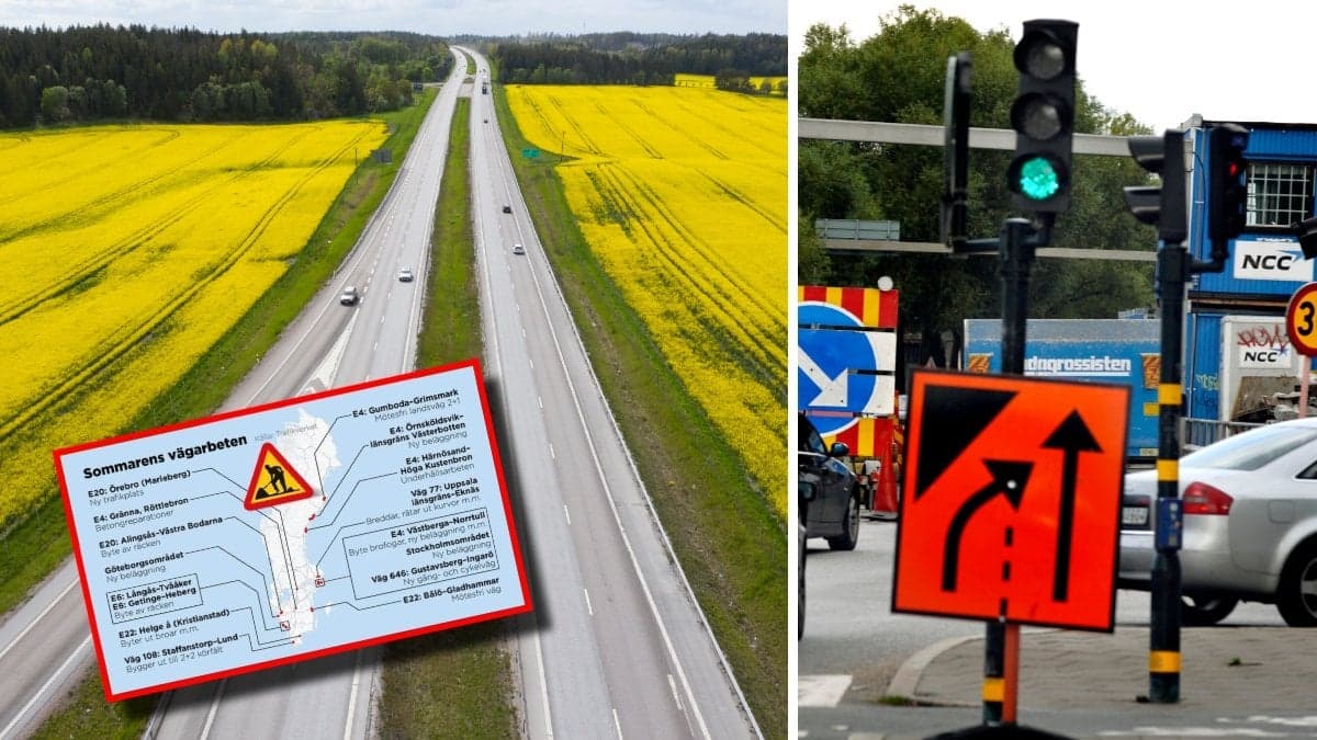 En motorväg med rapsfält och ett vägarbete i stadsmiljö.
