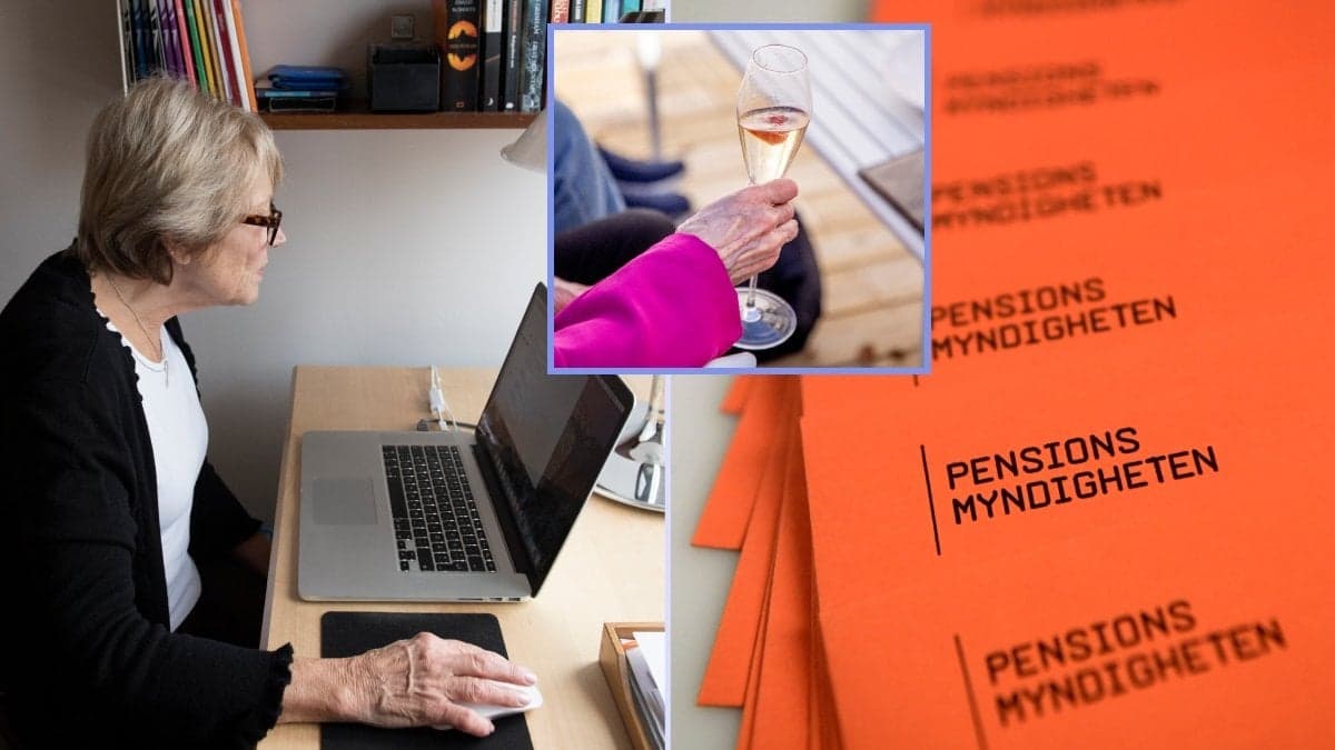 Kvinna vid dator, post från pensionsmyndigheten och bubbelglas.