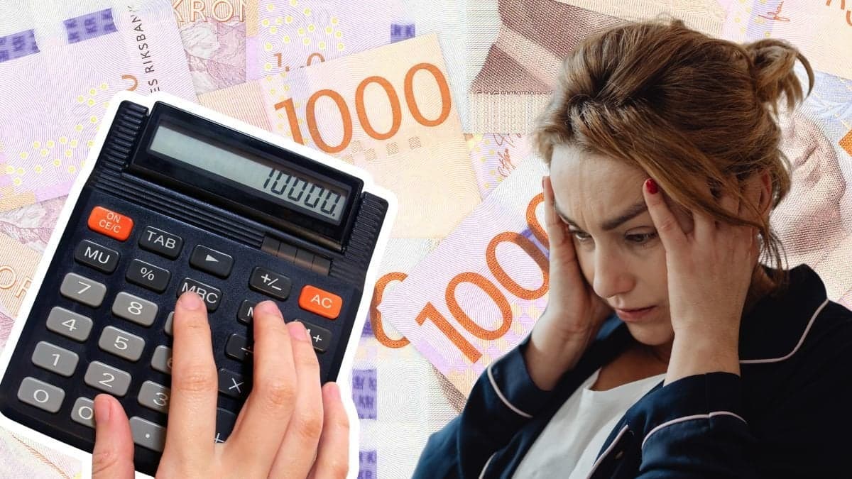 Miniräknare, hundrakronorssedlar och en ung kvinna med ansiktet i händerna
