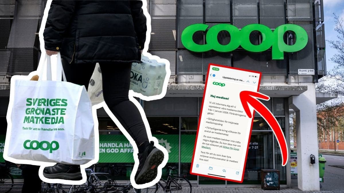 Kvinna som går med Coop-påse och Coops logga på fasad
