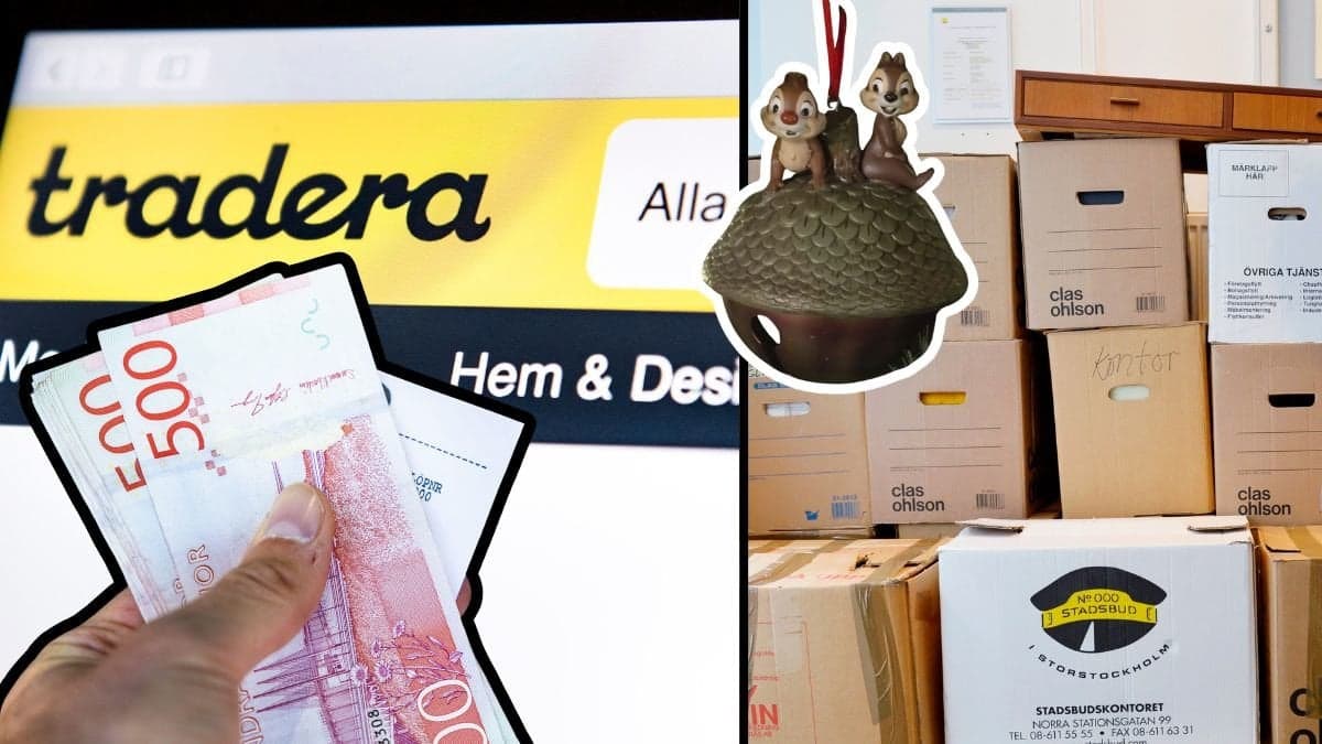 Tradera, pengar, julkula och kartonger.