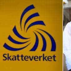 Skatteverkets logotype och en ledsen kvinna framför en dator.