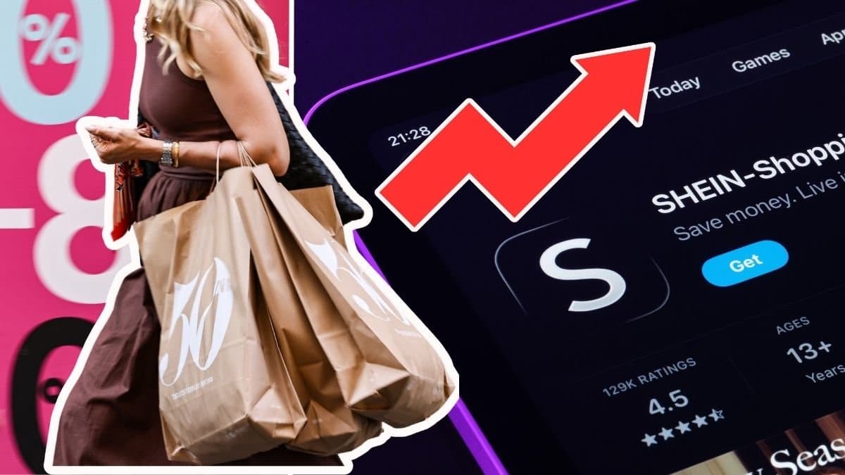 Bild på kvinna med shoppingpåsar till vänster. Inzoomad bild på Shein appen till höger. Röd graf-pil i mitten som pekar upp. 