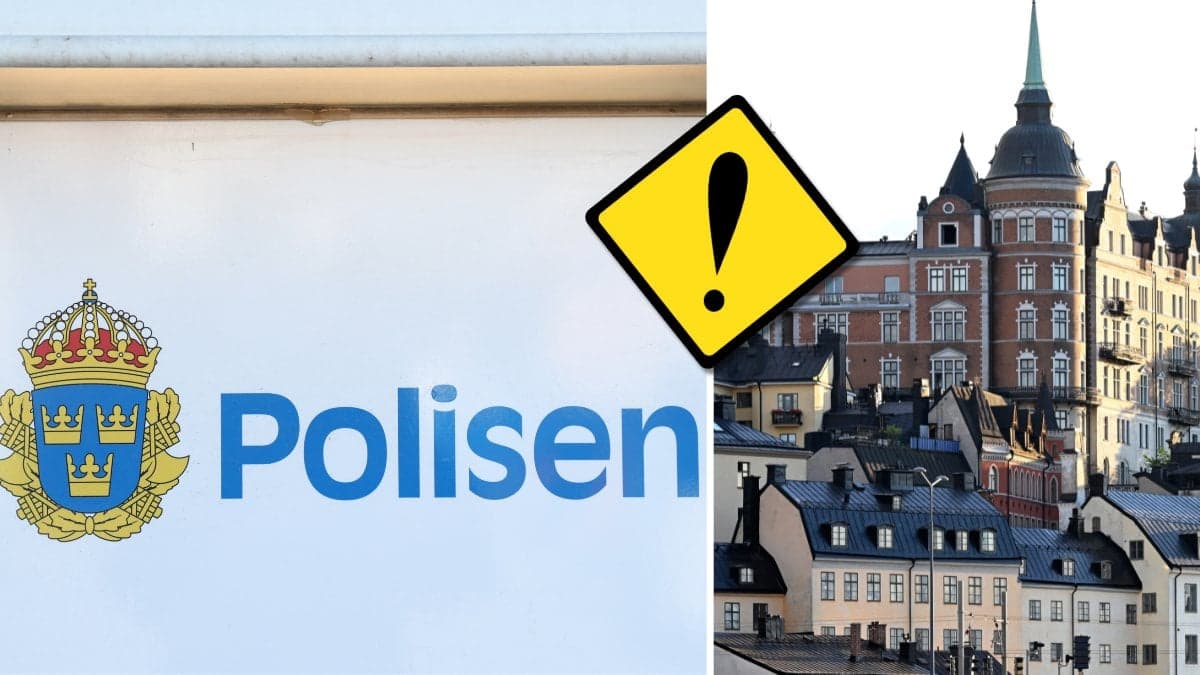 Polismyndighetens logotyp och Stockholmsbyggnader.