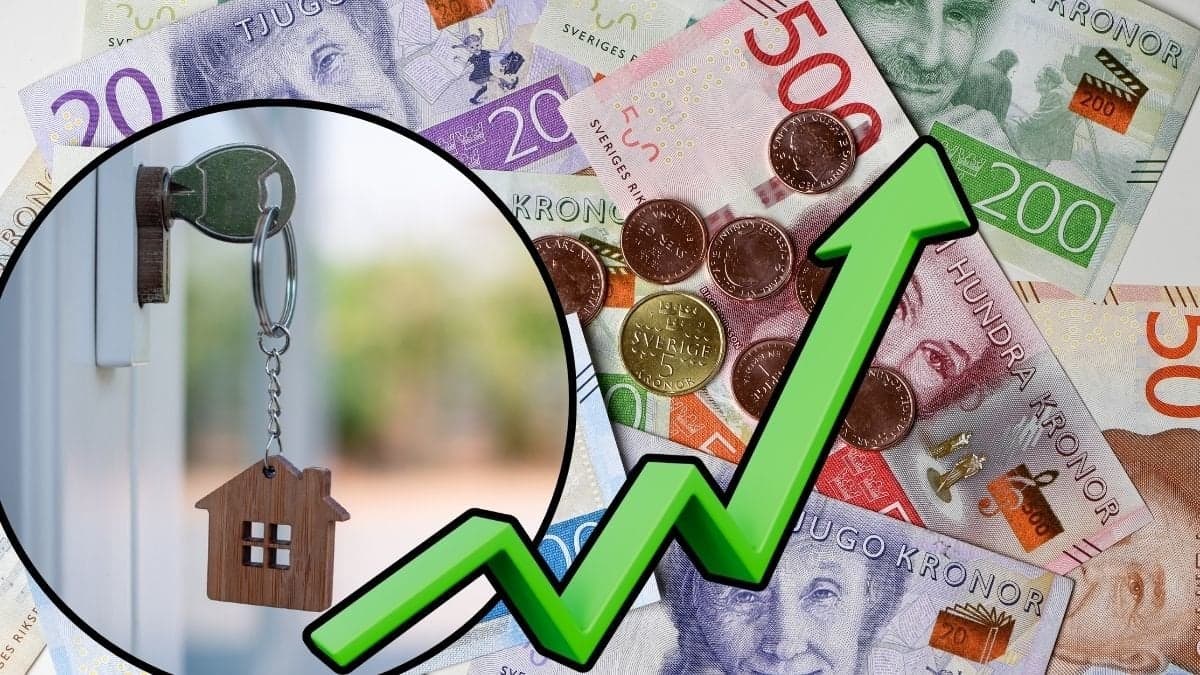 Nyckelknippa i dörr, pengar och en grön pil som pekar uppåt.