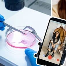 Forskningslabb vänster. Kvinna som håller någon i handen höger. En kvinna på TikTok i mitten.