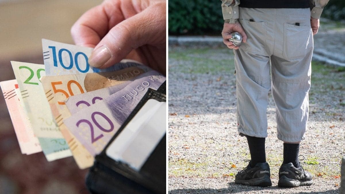 En plånbok med sedlar och en äldre man som spelar boule.
