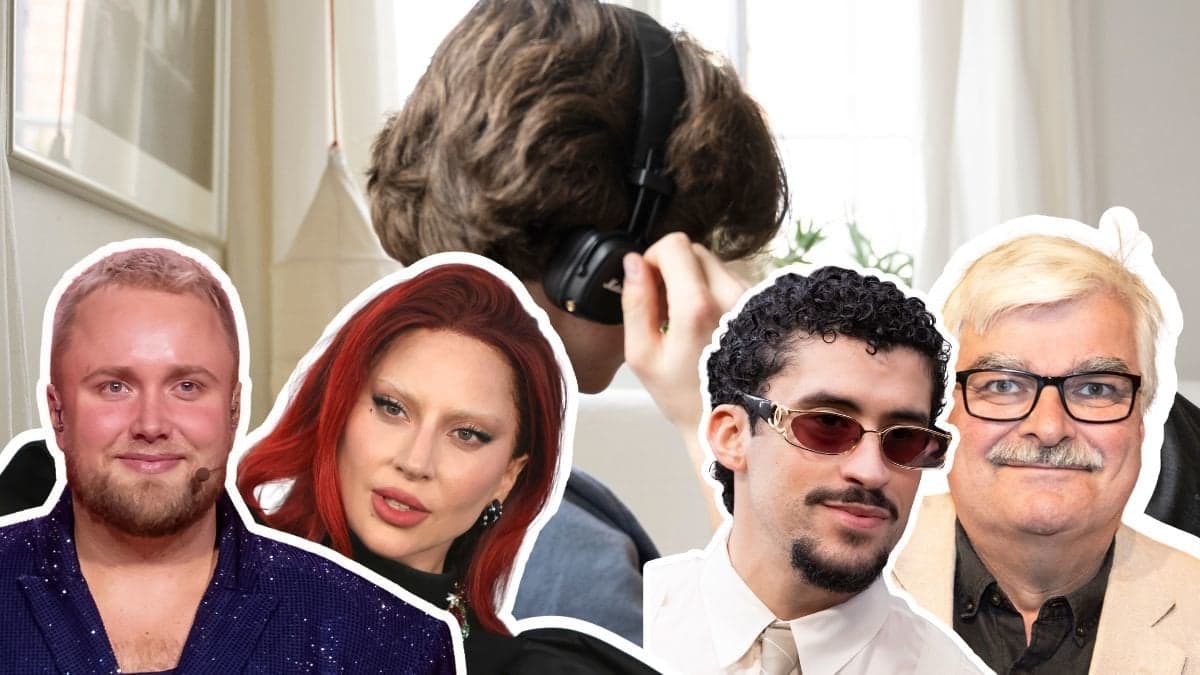 Kille med hörlurar i bakgrunden. Edvin Törnblom till höger, Lady Gaga bredvid Edvin Törnblom, Bad Bunny till höger, Håkan Juholt till höger. Alla personer är utklippta. 