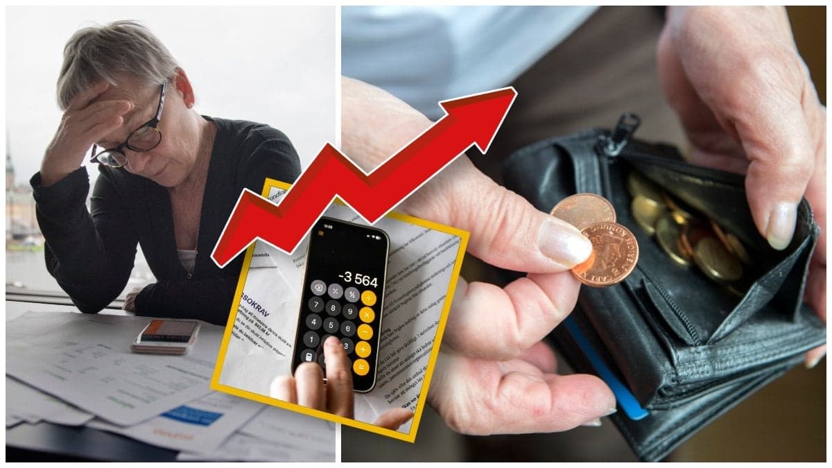 Kvinna med räkningar, en kalkylator och en plånbok med mynt