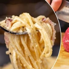 Bilder på en Pasta Carbonara och en oxfilé.