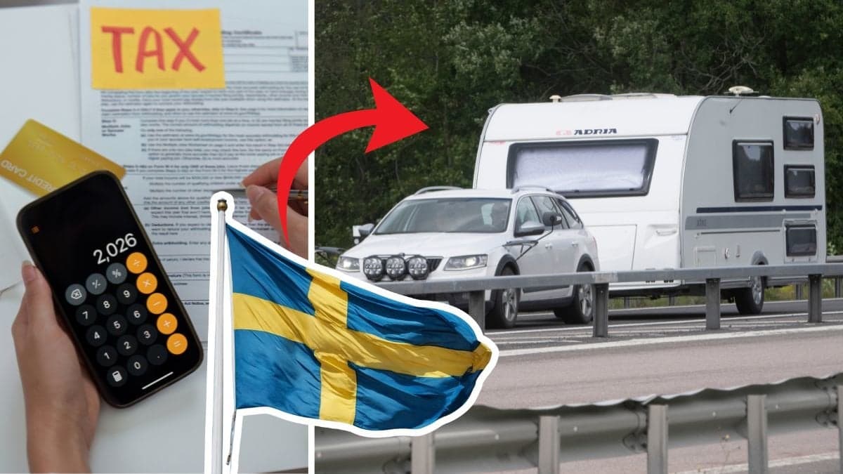 Miniräknare och skattetabell vänster. Svensk utklippt flagga vänster. Bil som kör husvagn till höger. 