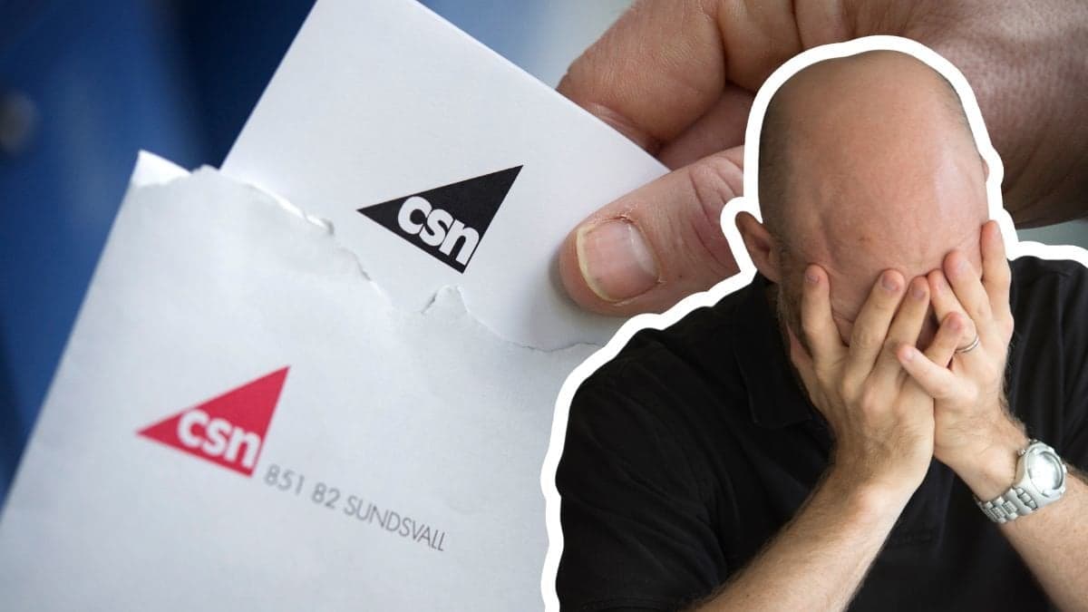 Brev från CSN och en man som begraver ansiktet i händerna.