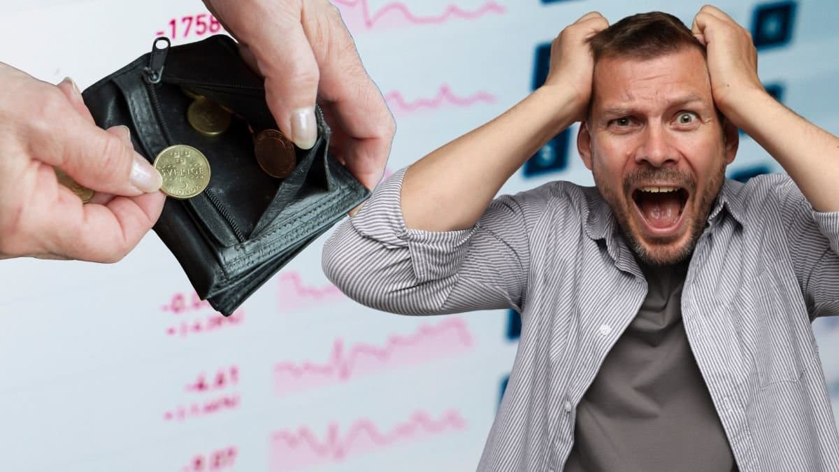 Plånbok, uppgiven man och fallande börskurser i bakgrunden.