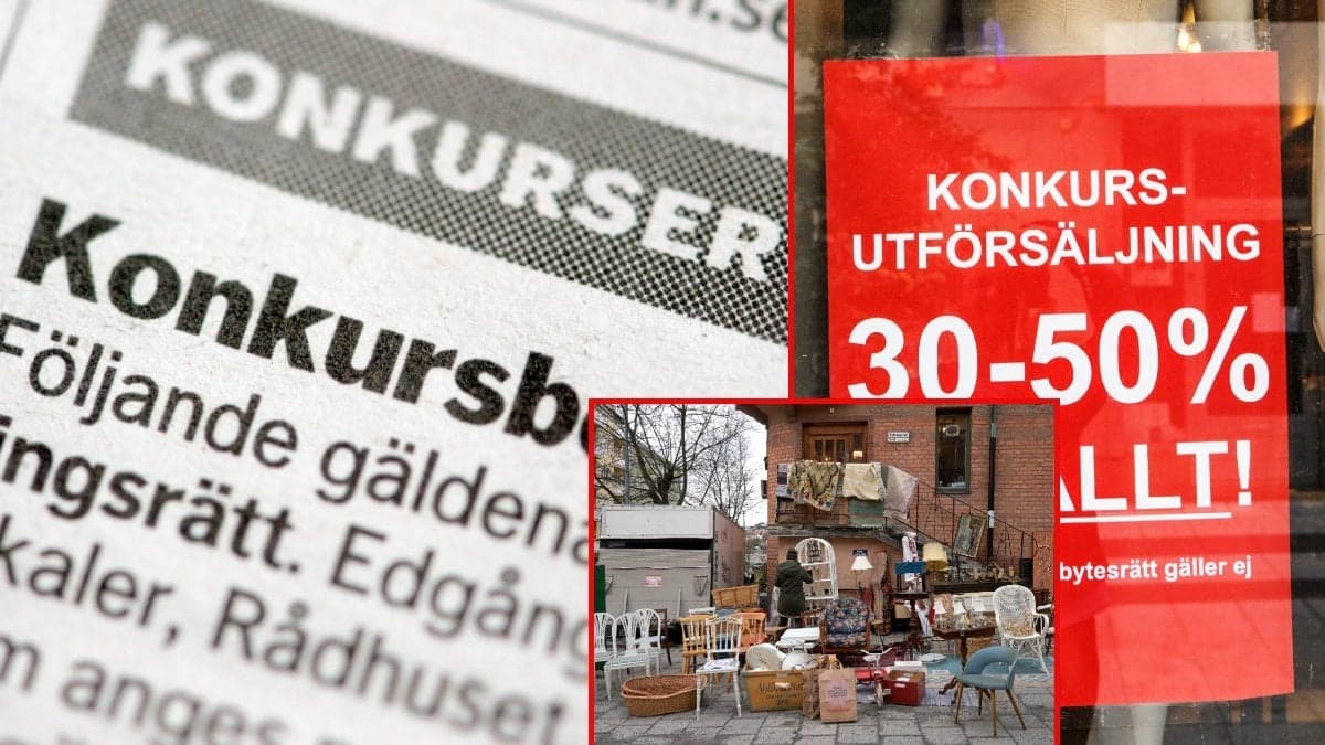 Annons i tidning om konkursbeslut, begagnade äldre möbler och skylt om stor rea på grund av konkurs. Genrebilder. 