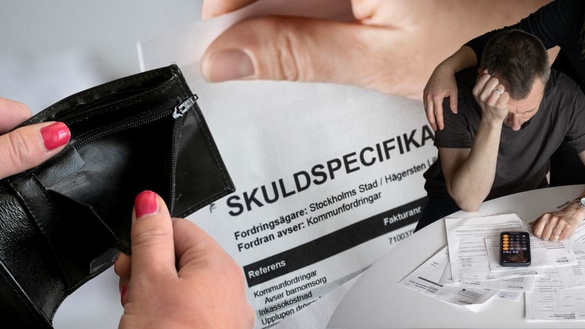 Tom plånbok, skuldspecifikation och en man som blir tröstad.