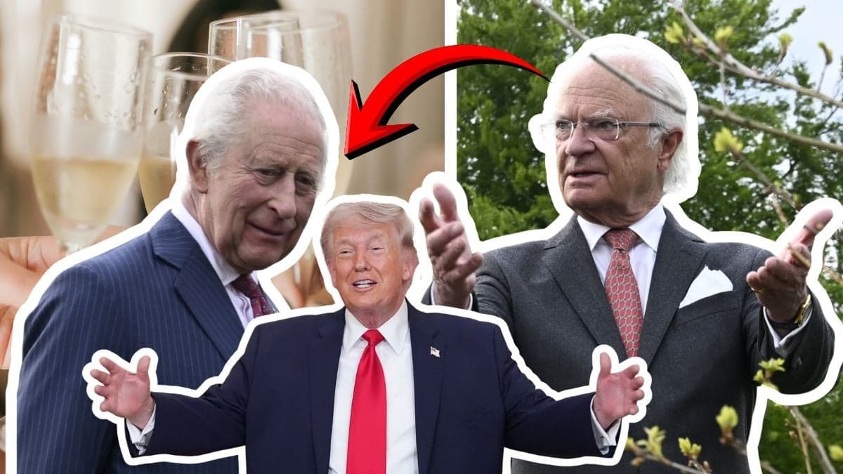 Champagneglas vänster. Bild på kungen och kung Charles höger. Utklippt bild på Donald Trump i mitten.