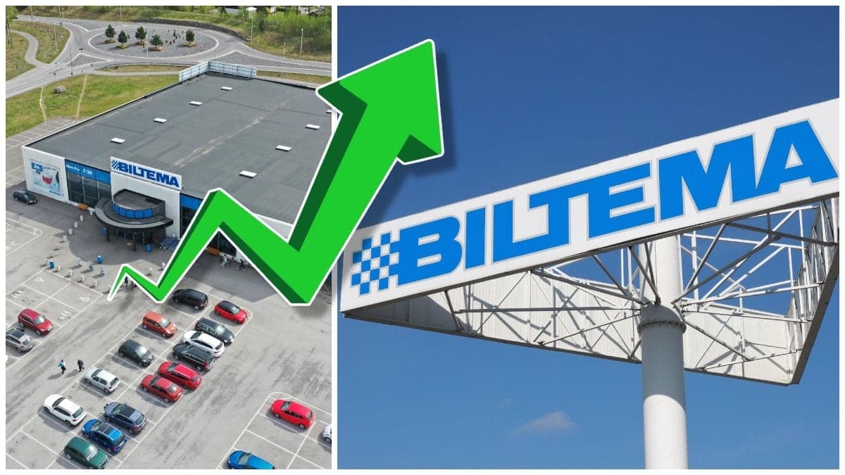 Parkering utanför Biltema och Biltemas skylt