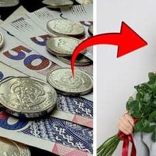 Kontanter och mynt vänster. en kvinna som kramar en man med rosor i handen till höger.