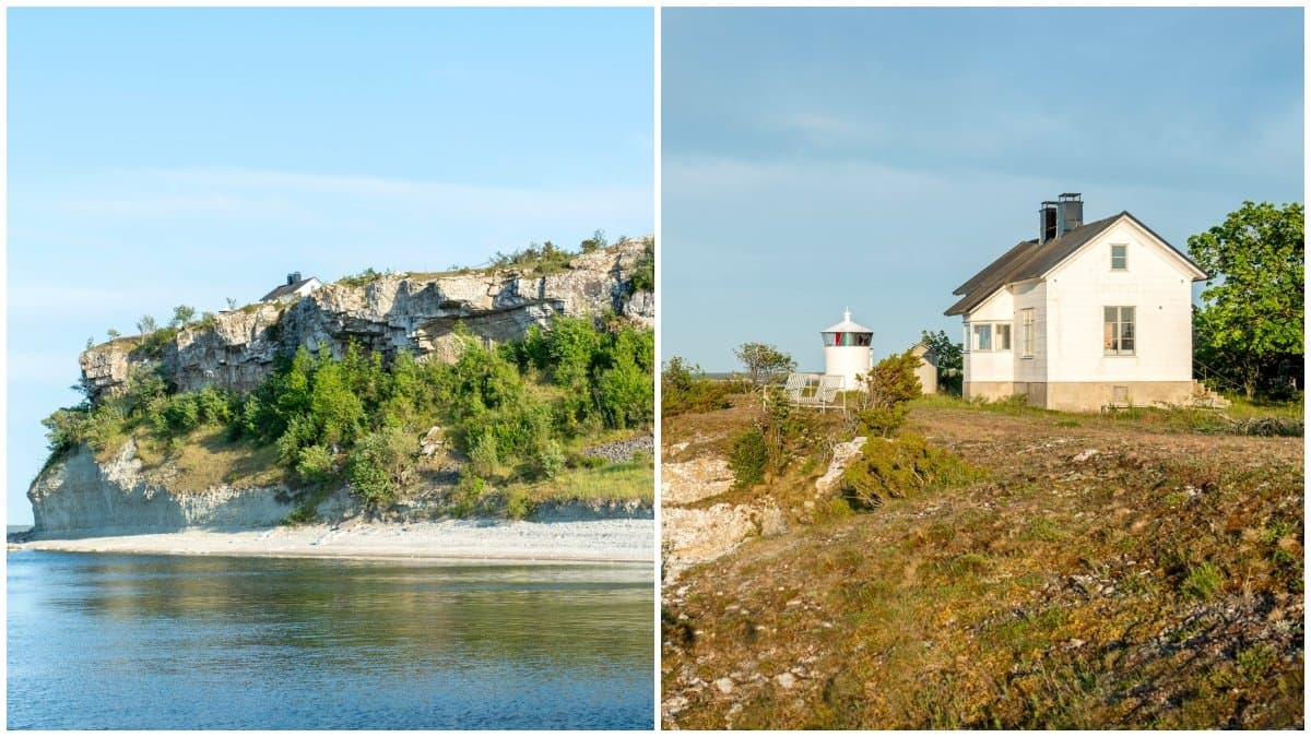 En utsikt över en klippkant på Gotland och en bild på fyrhuset i Hallshuk.