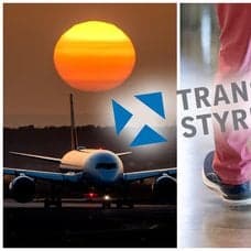 Flygplan i solnedgången och en man som går med en liten kabinväska