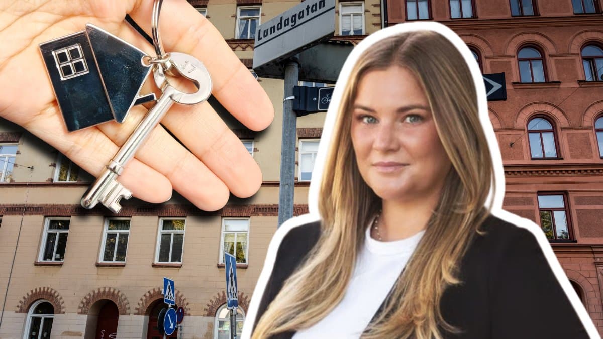 Lägenhetsbyggnad i bakgrunden. En utklippt hand med en husnyckel i till vänster. En utklippt bild på Astrid Skogh höger.