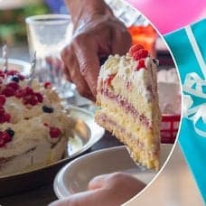 Bilder på födelsedagstårta och kort.