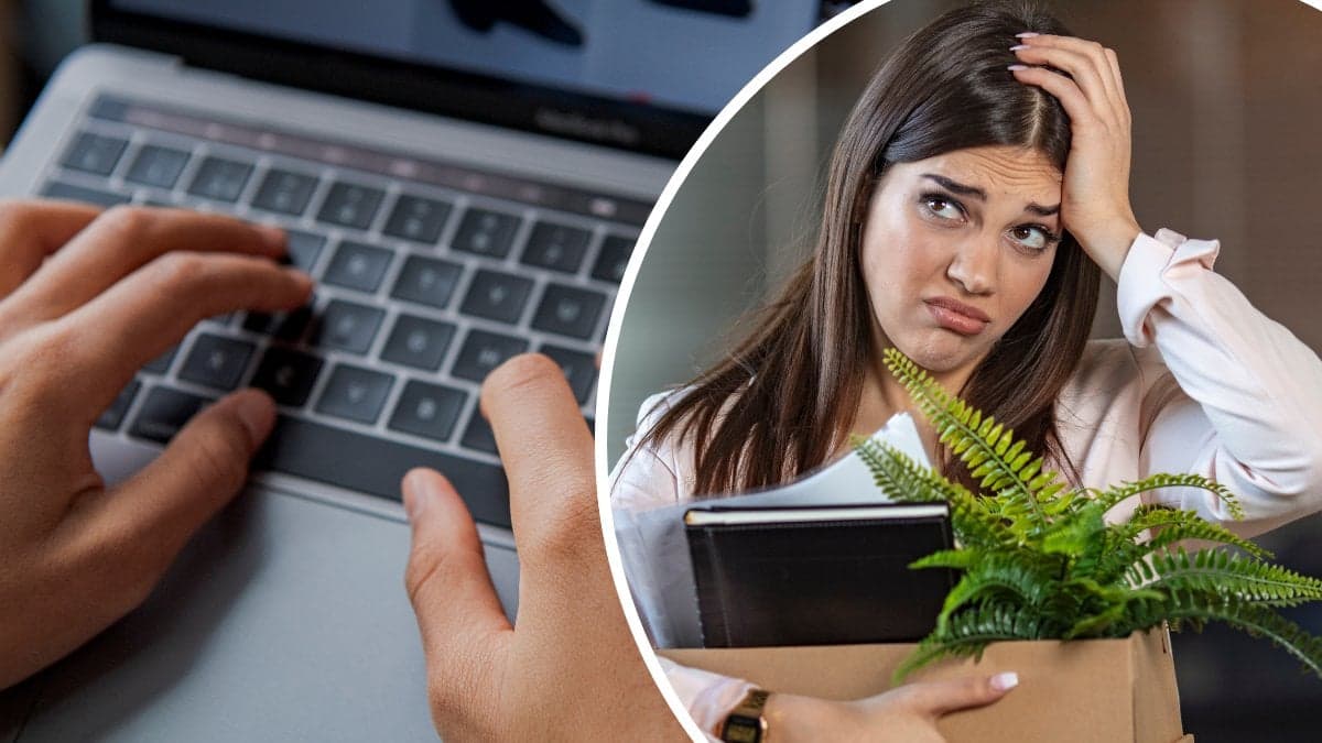 Person med finrar på ett dator-tangentbord vänster. En kvinna med frustrerad min som håller en låda med kontorsmaterial höger.