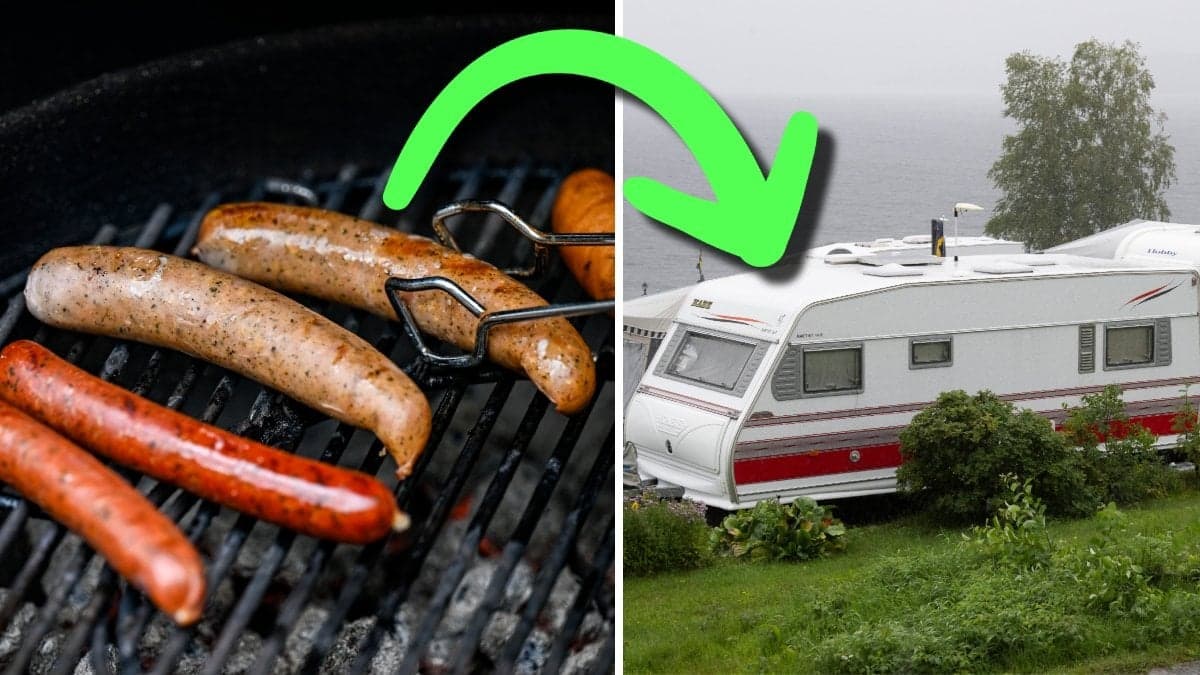 Bilden till vänster visar korvar på grill. Bilden till höger visar en husbvagn.