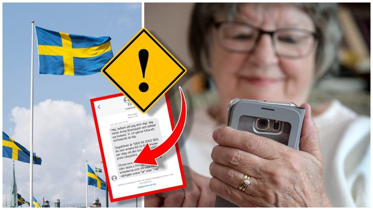 Sverige-flagga och en kvinna som tittar på en mobiltelefon
