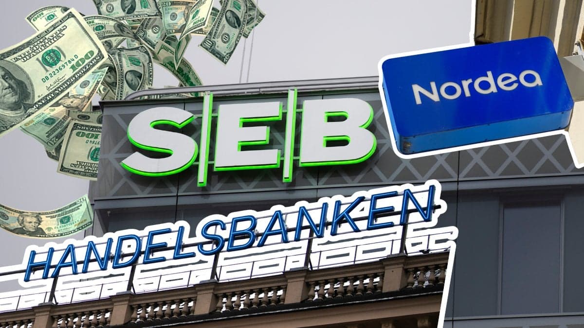 Pengar som ramlar i bakgrunden. Byggnad med SEB-skylt i mitten. Skylt med Handelsbanken ner vid vänster. Nordea-skylt höger.