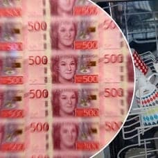 Bilder på en diskmaskin och nya sedlar.