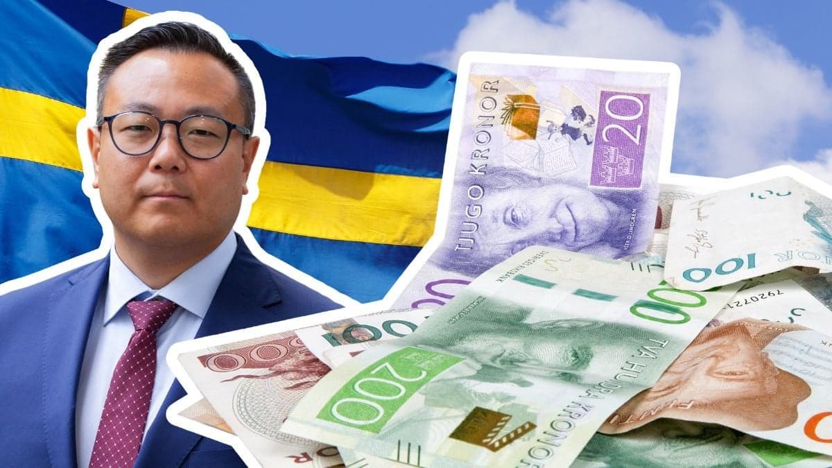 Privatekonomen Stefan Westerberg, en svensk flagga och svenska sedlar