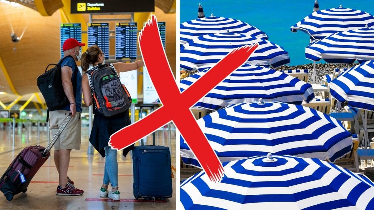 Bilden till vänster visar två resenärer på en flygplats. Bilden till höger visar parasoll på en strand. 