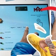 Pekskräm till väsnter. Pommes och burgare till höger. Utklippt bild på man som slänger penga-sedlar i luften i mitten.