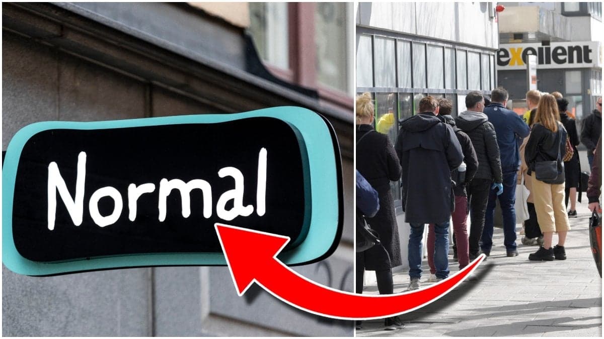 Butiken Normals skylt och kunder som köar. 