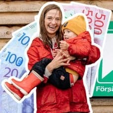 Mamma med barn, svenska sedlar och Försäkringskassans logga