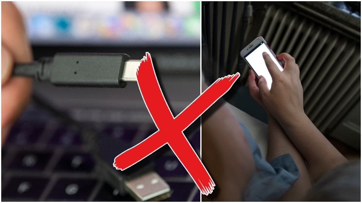 En USB laddare och kvinna ligger med mobiltelefon i sängen.