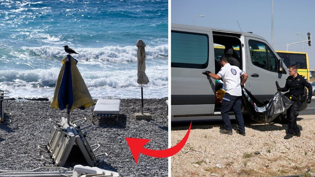 Grekland strand och en kropp som bärs in i bil av poliser.