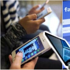 Ett bildkollage på unga med mobiltelefoner, en Facebook-logga och en man med hoodie vid en dator.