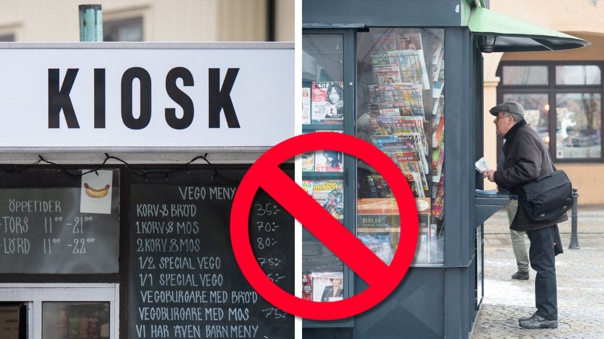 Kioskskylt och man köper korv.